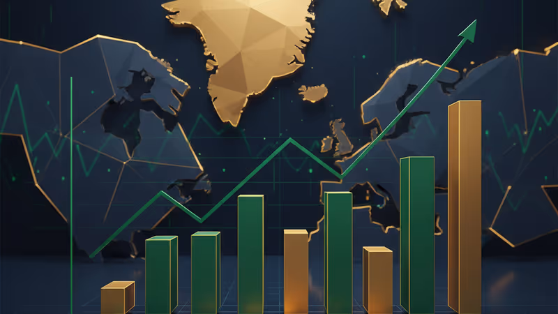 Stock market monitors showing green gains with a digital map of Greenland at the NYSE.