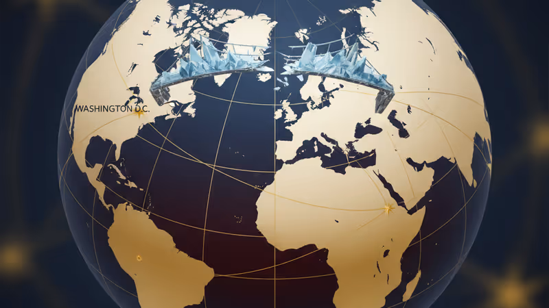 格陵蘭冰山景觀與代表地緣政治張力的冷色調背景