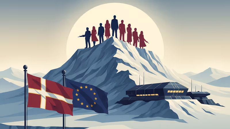 Snowy landscape of Greenland with Danish and EU flags