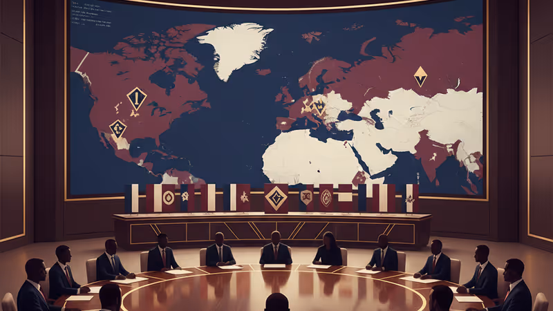 그린란드 지도가 놓인 외교 협상 테이블의 전경