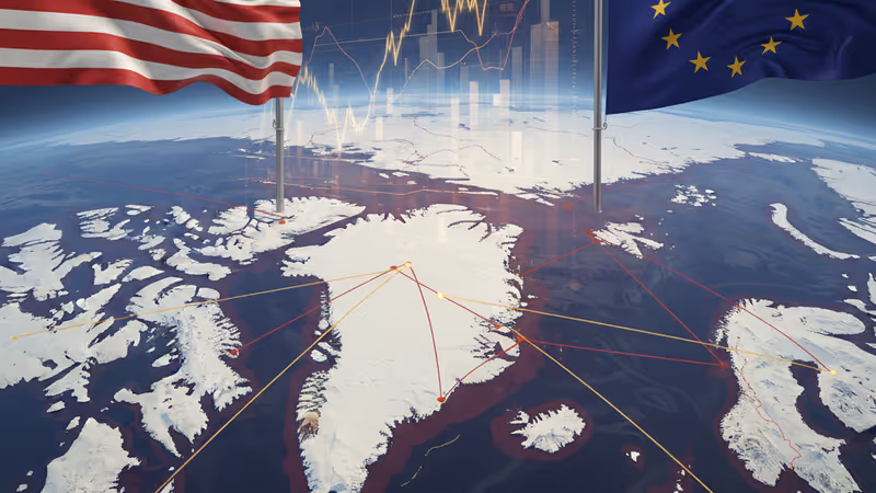 Snowy Greenland landscape with US and EU flags