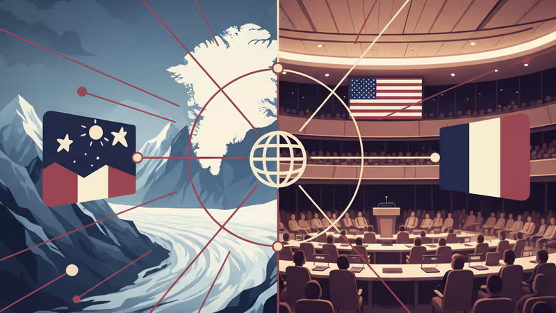 President Macron speaking at Davos with a Greenland glacier background