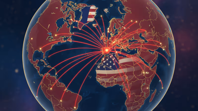 다보스 포럼 배경에 그린란드 지도와 관세 수치가 표시된 이미지