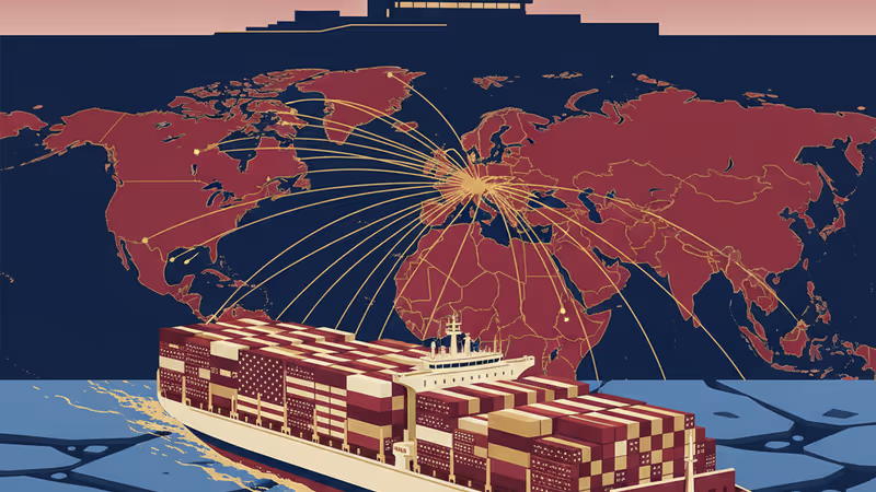 格陵蘭冰山與象徵美金符號的藝術結合，暗示領土與經濟的博弈