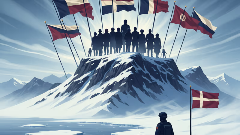 Snowy Greenland coast with a distant Danish flag