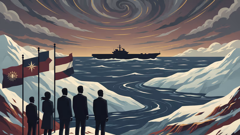 그린란드의 얼음 평원 위로 비치는 외교적 긴장감을 형상화한 이미지