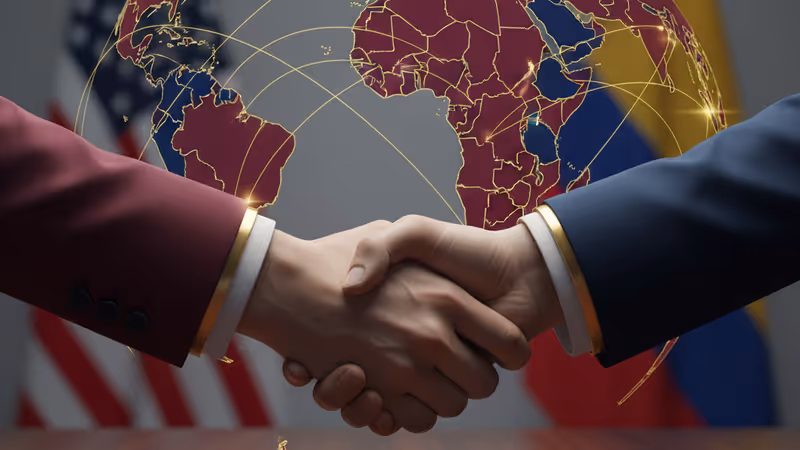 미국과 콜롬비아 국기가 배경에 있는 외교적 악수 장면