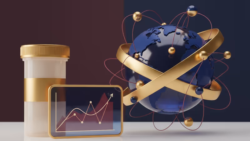 A prescription bottle next to a rising medical cost chart
