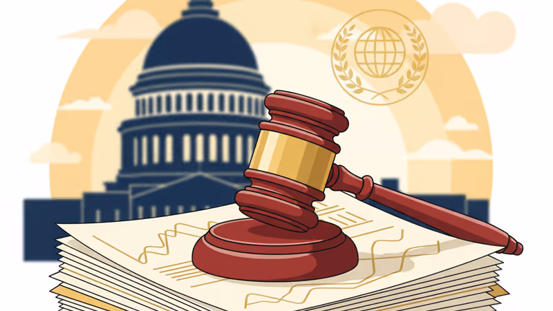 A wooden gavel on federal documents with the U.S. Capitol in the background