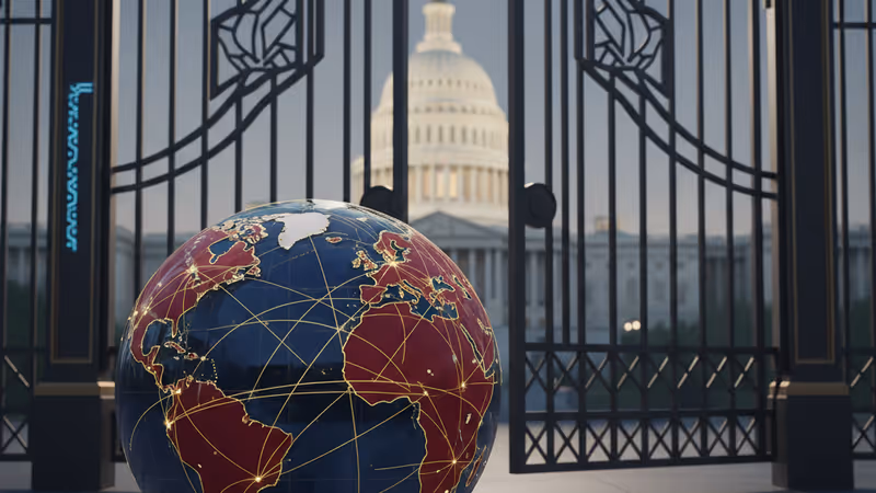 미국 의사당 건물을 배경으로 닫히고 있는 거대한 철제 관문