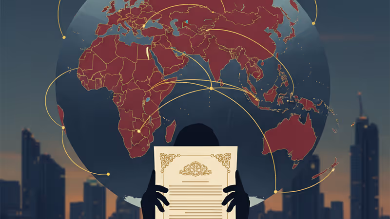 散落在桌上的護照與顯示簽證禁令新聞的螢幕，象徵移民計畫的停擺。