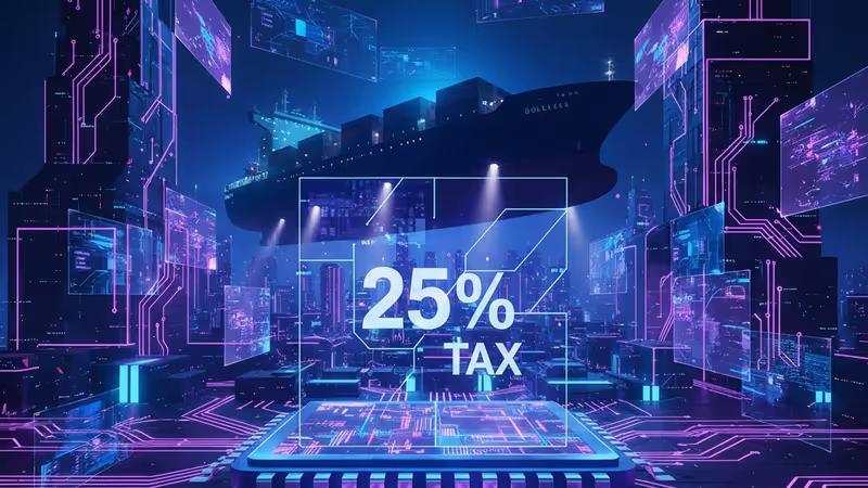 엔비디아 H200 반도체와 25% 관세 수치가 겹쳐진 모습