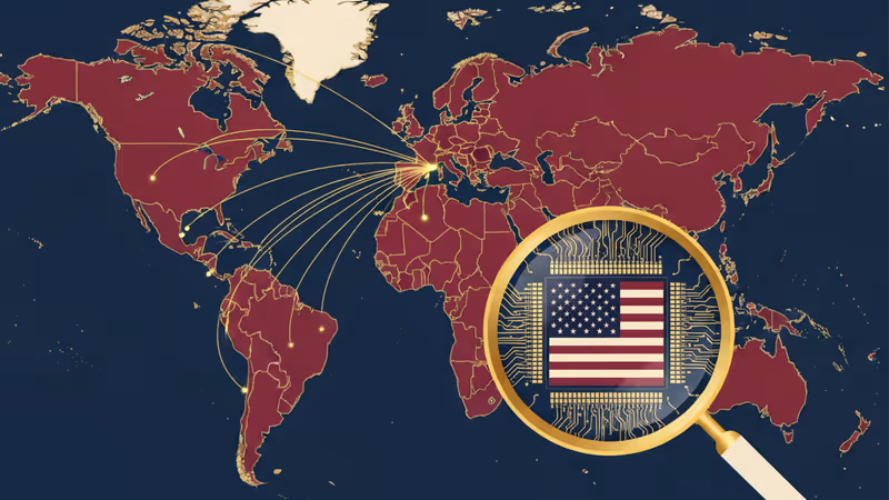 미국 국기와 세계 각국 국기가 반도체 회로로 연결된 모습