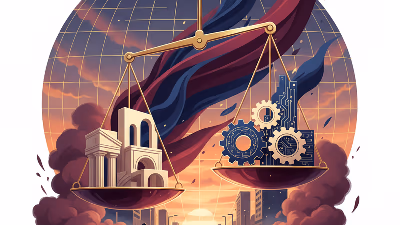 Cityscape of Minnesota protests with symbols of federal intervention.