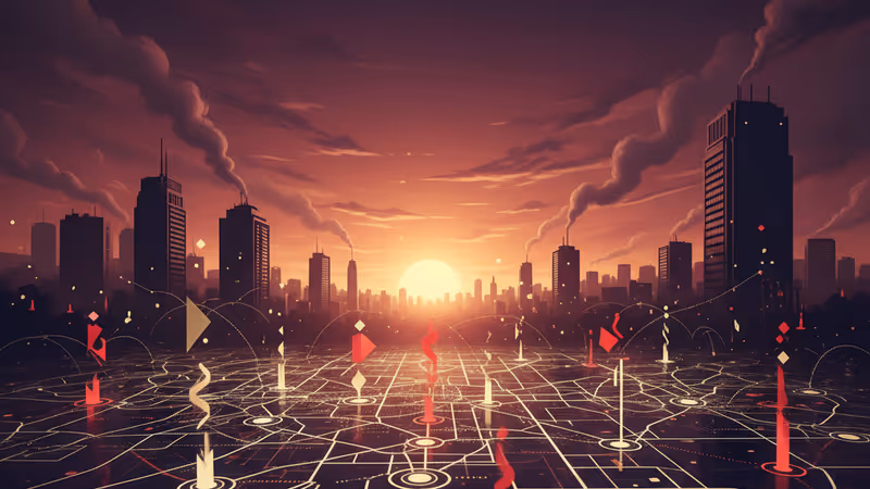 炎が上がるテヘランの街路と警備にあたる治安部隊のシルエット