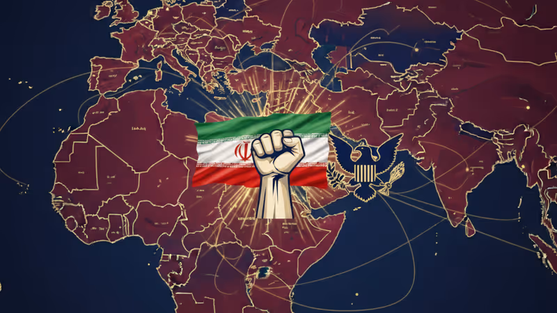 イランの地図と星条旗が交錯するデジタルイメージ