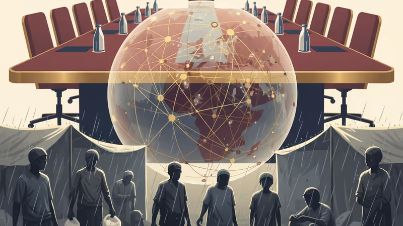 加薩避難所內，在暴風雨天候下堆放的塑膠水箱，象徵著當地艱難的生存現狀。