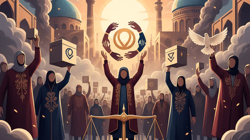 テヘランの街頭で抗議活動を行う人々と立ち上る煙