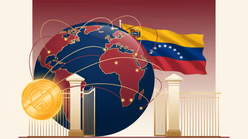 白宮外景與委內瑞拉政治局勢的隱喻圖