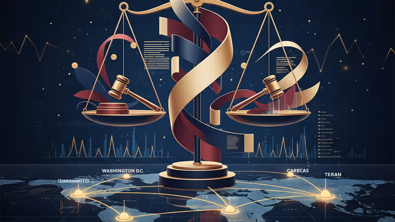 世界地図上のベネズエラとイランを結ぶデジタルな緊張感を示すグラフィック