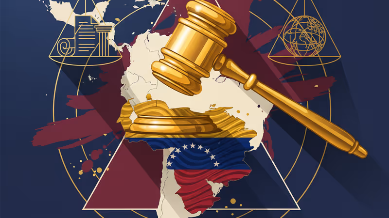 ひび割れた外交の紋章と背後に映る各国の国旗