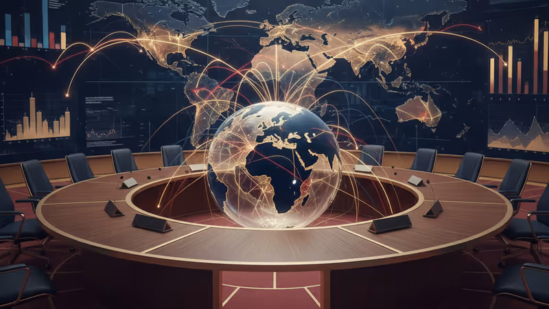 Futuristic diplomatic conference room with global trade digital displays