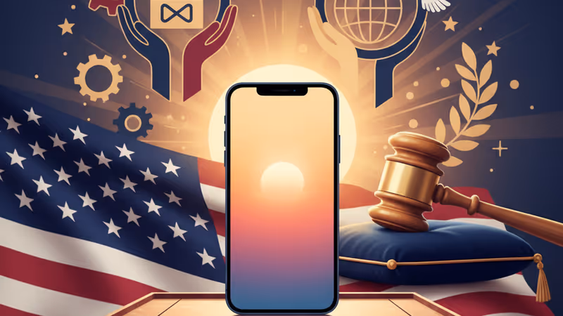 법정의 의사봉 옆에 놓인 스마트폰 실루엣 이미지