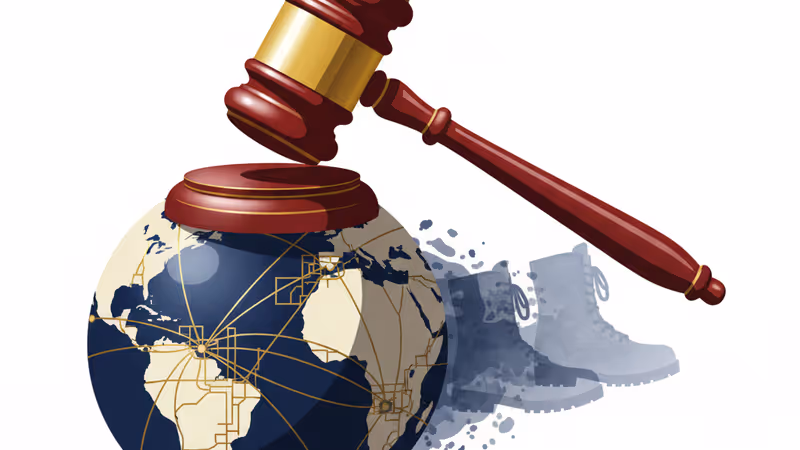 都市の街頭に並ぶ軍靴と裁判官の木槌のイメージ