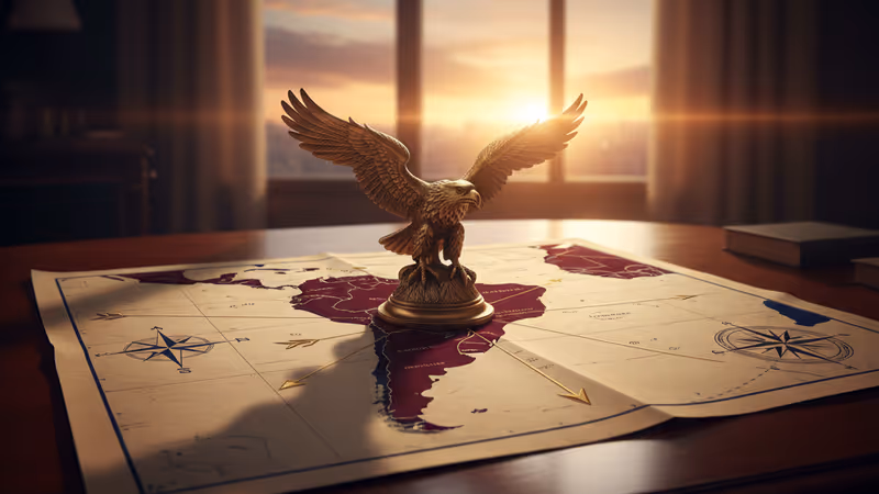 전략 지도 위에 놓인 독수리 피규어와 베네수엘라 지역