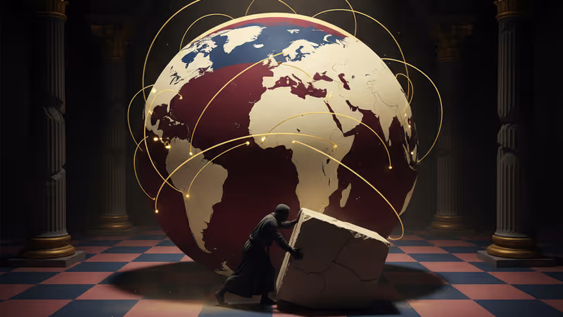 부서진 대리석 기둥 앞에 선 지도자의 실루엣