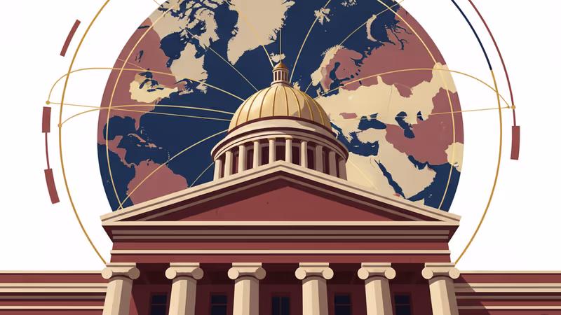 The U.S. Capitol building with long shadows and an overlay of a Greenland map.