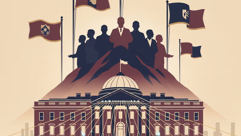 백악관과 세계 지도가 겹쳐진 배경의 상징적 이미지