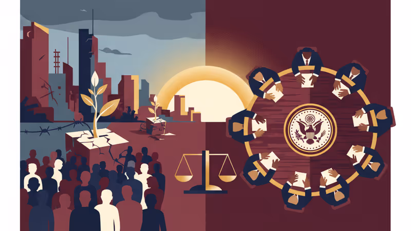 미네소타 시위 현장과 트럼프의 평화 위원회 구상을 상징하는 외교 테이블