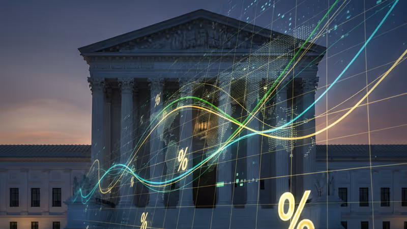 미국 연방 대법원 전경과 글로벌 무역 관세를 상징하는 그래픽