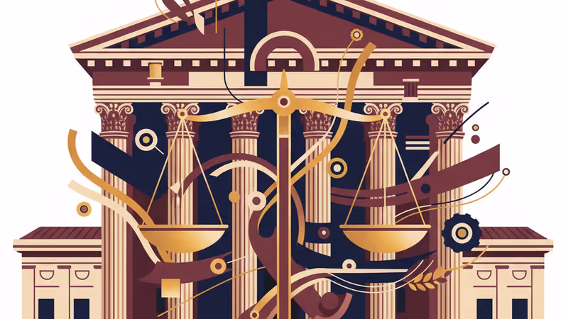 Wide shot of the US Supreme Court building with justice scales silhouette