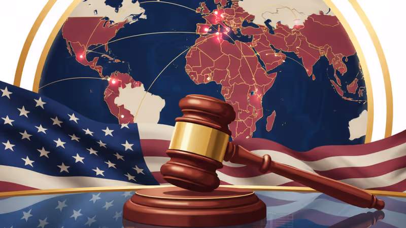 A courtroom gavel and US flag with a city skyline reflection