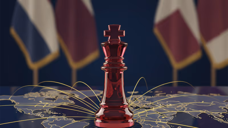 トランプ外交が世界各国の旗に影を落とすイメージ図