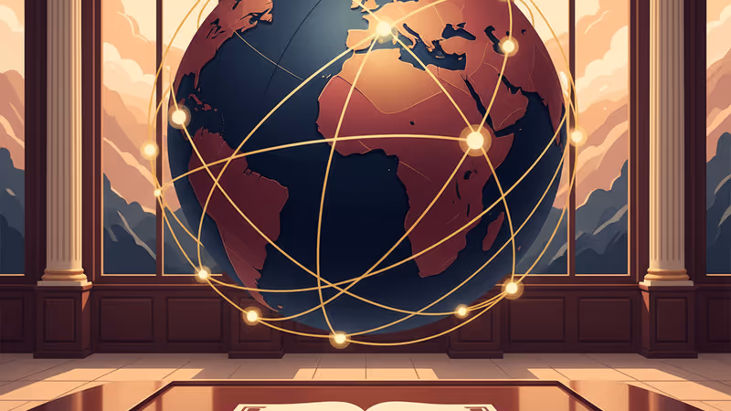 다보스 포럼의 눈 덮인 풍경과 평화 헌장 서명 서류