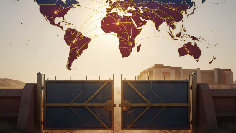 A closed iron gate and aid facility set against a dry Somali landscape.