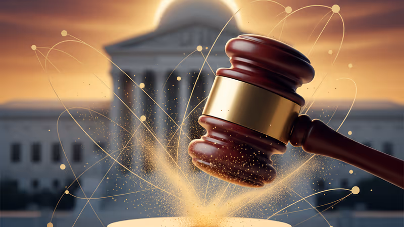 A gavel symbolizing the U.S. Supreme Court ruling with the court building in the background