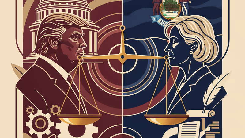 도널드 트럼프와 수잔 콜린스 상원의원의 대립을 나타내는 정치적 배경 이미지