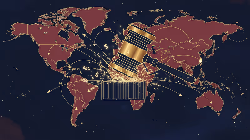 法官槌與貨櫃象徵關稅法律戰的激烈衝突