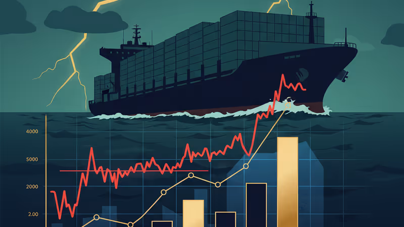 하락하는 주가 지수와 항구의 컨테이너선 배경