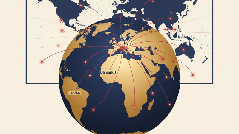 Digital world map highlighting conflict zones in the Middle East and Ukraine.