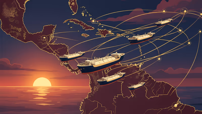 Large oil tankers sailing toward the US coast representing the Venezuelan oil deal.