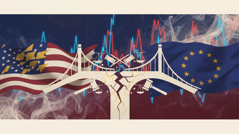 象徵美歐關係緊張與裂痕的視覺圖