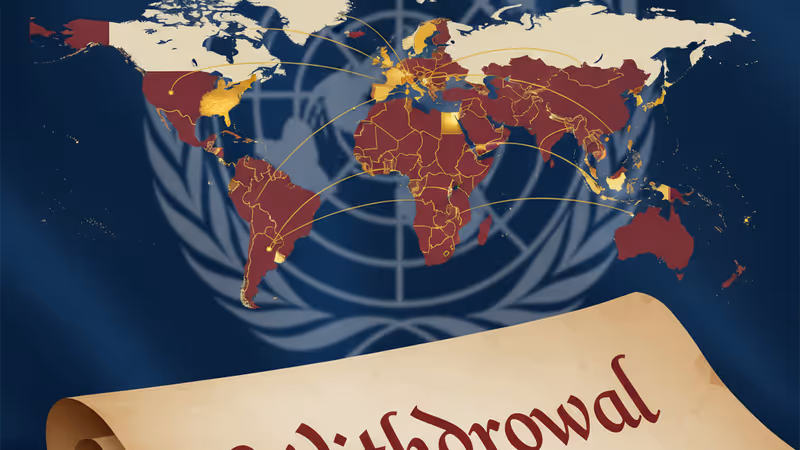 텅 빈 국제 회의장과 멀어지는 지도자의 실루엣