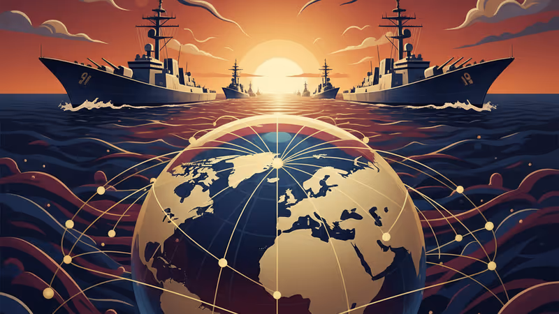 Wide view of a U.S. Navy carrier strike group heading to the Middle East