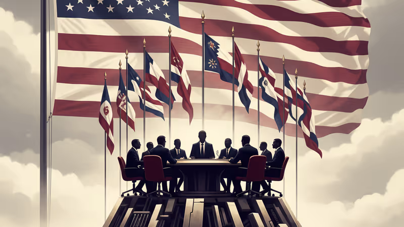 川普總統在軍事裝備前做出強勢手勢，背景融合了工業藍圖