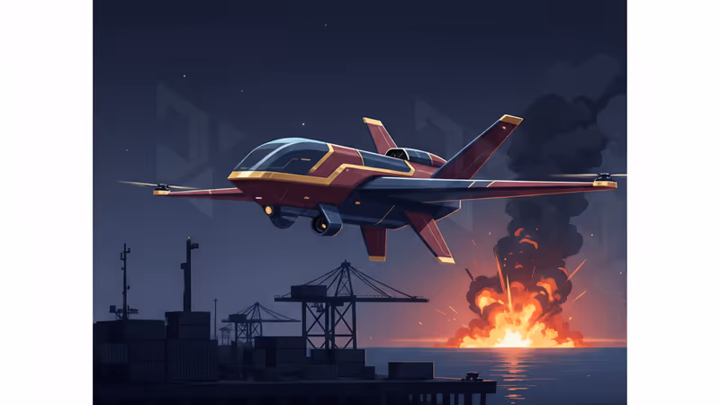 煙が上がるベネズエラの港湾施設の空撮イメージ